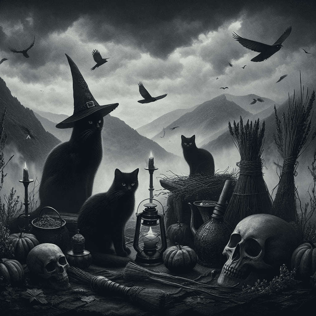 a black cat with a person hat and a skull