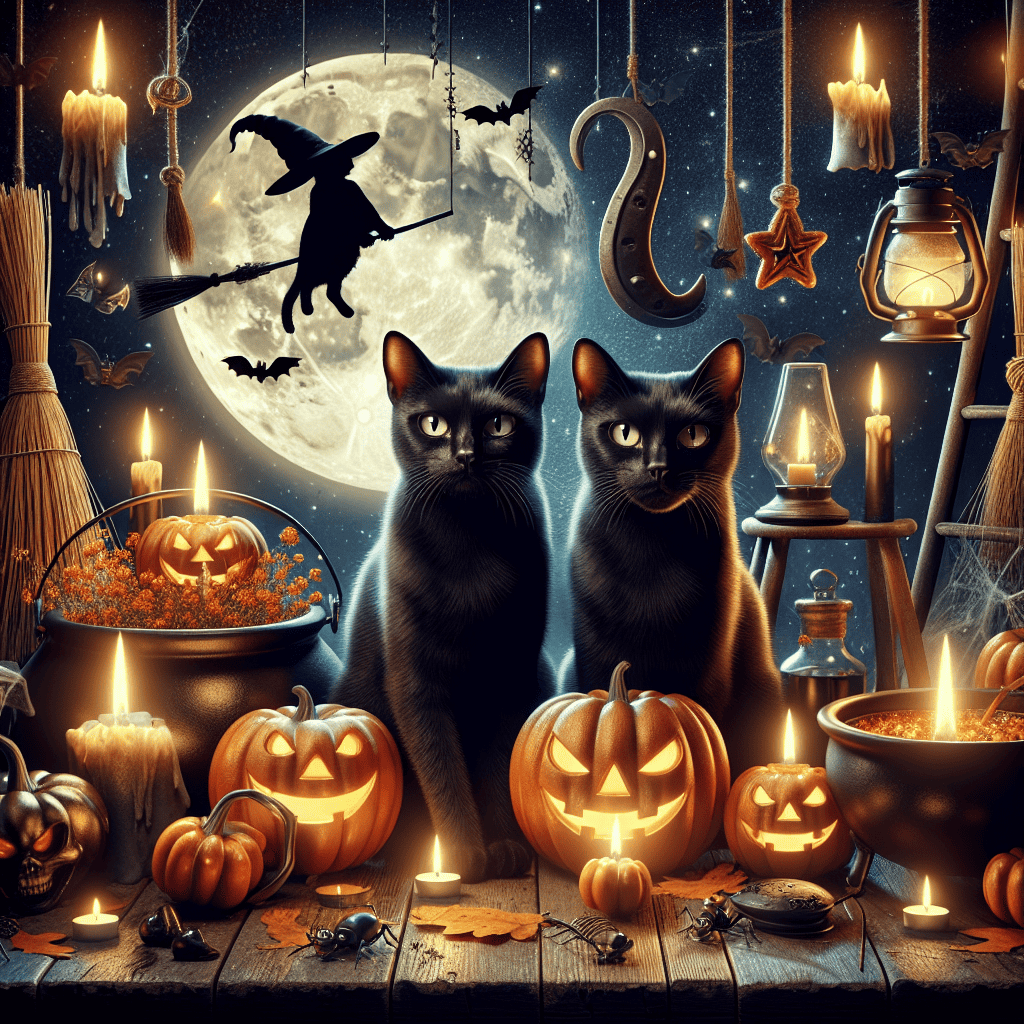 a black cats sitting on a table with pumpkins and candles
