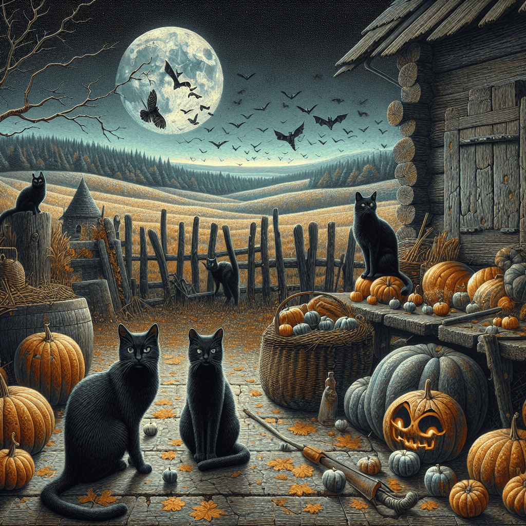 a group of cats sitting on a porch with pumpkins and bats