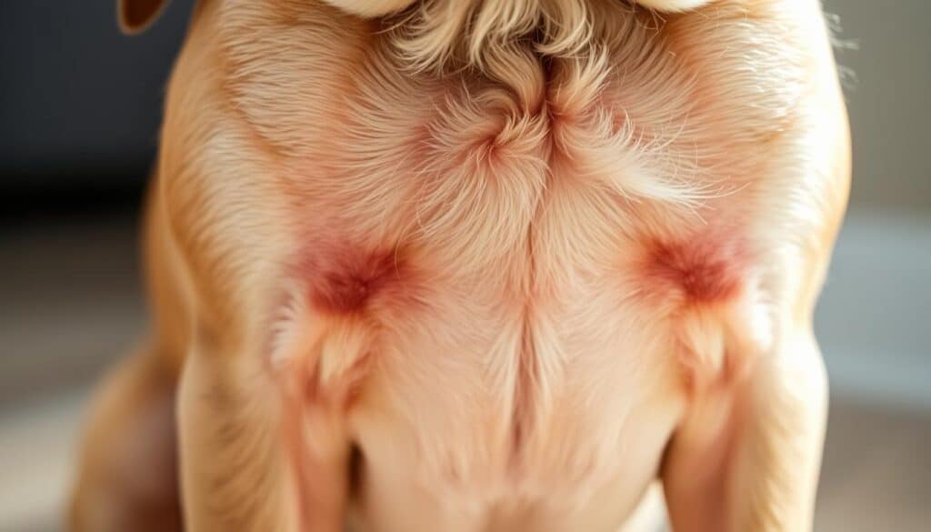 A close-up photograph of a dog's abdomen, capturing the subtle signs of gut health issues. The skin has a slightly reddened, inflamed appearance, and the fur appears dull and patchy. The dog's expression conveys a sense of discomfort. The lighting is soft and natural, highlighting the texture of the skin and fur. The background is blurred, keeping the focus on the dog's midsection. The angle is slightly elevated, creating a sense of intimacy and empathy with the subject. The overall mood is one of concern and the need for a probiotic boost to restore the dog's gut health and well-being.