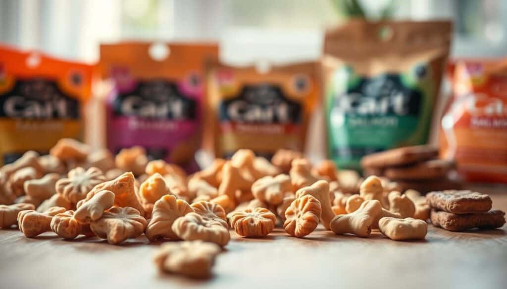 A close-up photograph of a variety of nutritious cat treats arranged on a wooden table, bathed in soft, natural lighting. In the foreground, a selection of high-quality, bite-sized treats made from premium ingredients such as real chicken, salmon, or catnip. In the middle ground, the treats are positioned to showcase their texture, color, and appetizing appearance. The background is slightly blurred, creating a sense of depth and focus on the treats. The overall mood is one of quality, health, and natural appeal, reflecting the product's nutritional benefits for feline companions. A close-up photograph of a variety of nutritious cat treats arranged on a wooden table, bathed in soft, natural lighting. In the foreground, a selection of high-quality, bite-sized treats made from premium ingredients such as real chicken, salmon, or catnip. In the middle ground, the treats are positioned to showcase their texture, color, and appetizing appearance. The background is slightly blurred, creating a sense of depth and focus on the treats. The overall mood is one of quality, health, and natural appeal, reflecting the product's nutritional benefits for feline companions.