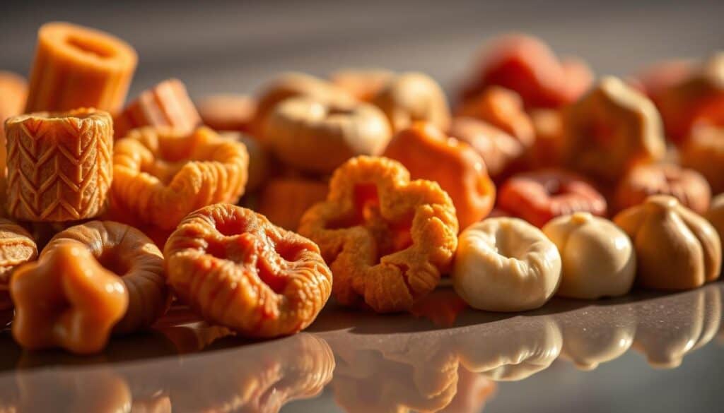 A close-up shot of a selection of premium cat treats, showcasing their intricate textures and vibrant colors. The treats are neatly arranged on a smooth, reflective surface, bathed in warm, directional lighting that casts soft shadows, highlighting their three-dimensional forms. The treats appear glossy and inviting, with a range of shapes and sizes, from cylindrical "Squeeze Ups" to soft, pillowy morsels. The composition emphasizes the treats' luxurious, artisanal quality, conveying a sense of indulgence and sophistication befitting the "Fancy Feast" brand. A close-up shot of a selection of premium cat treats, showcasing their intricate textures and vibrant colors. The treats are neatly arranged on a smooth, reflective surface, bathed in warm, directional lighting that casts soft shadows, highlighting their three-dimensional forms. The treats appear glossy and inviting, with a range of shapes and sizes, from cylindrical "Squeeze Ups" to soft, pillowy morsels. The composition emphasizes the treats' luxurious, artisanal quality, conveying a sense of indulgence and sophistication befitting the "Fancy Feast" brand.