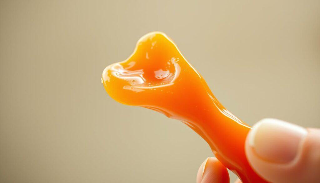 A close-up shot of an Inaba Churu chicken-flavored cat treat, showcasing its soft, gelatinous texture and vibrant orange color. The treat is slightly squeezed, revealing its creamy, moist interior. The image is captured with a shallow depth of field, allowing the treat to be the focal point, set against a blurred, neutral background. Soft, natural lighting highlights the treat's shiny, glossy surface, creating a warm, appetizing atmosphere. The composition emphasizes the treat's unique and enticing qualities, inviting the viewer to imagine the delightful experience a feline companion might have while indulging in this delectable snack.
