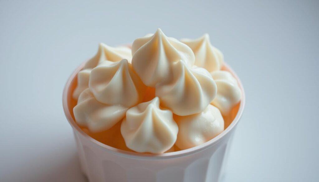 A close-up shot of creamy, smooth cat treats in a pastel-colored, open-top container. The treats are visually enticing, with a glossy, whipped texture that beckons to be touched and tasted. Soft, diffused lighting illuminates the treats from above, casting gentle shadows and highlighting their silky, mouthwatering appearance. The container is placed on a clean, minimalist surface, allowing the treats to be the focal point. The overall scene exudes a sense of indulgence and premium quality, perfectly showcasing the unique features of this delectable product.