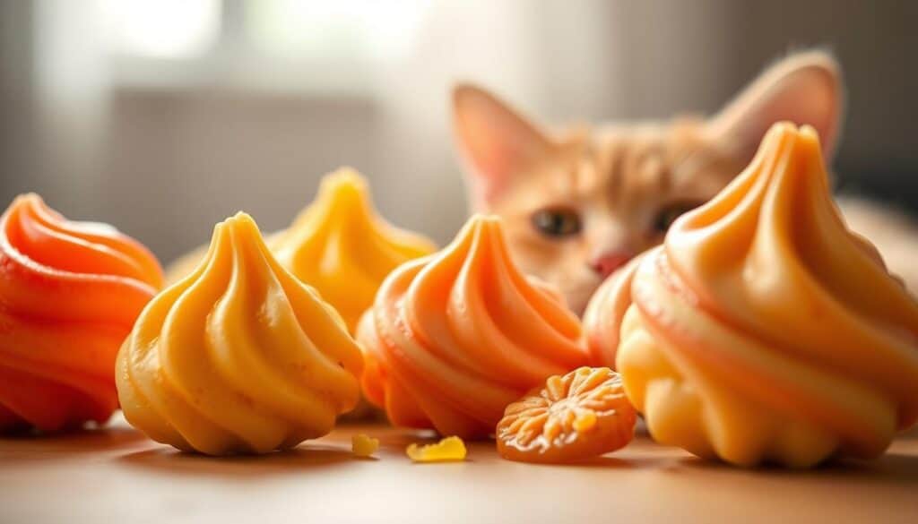 A close-up view of lickable cat treat squeeze-ups, showcasing their inviting texture and vibrant colors. The treats are positioned prominently in the foreground, with a soft, gently lit background that emphasizes their delectable appearance. The lighting creates a warm, enticing atmosphere, drawing the viewer's attention to the creamy, squeezable consistency of the treats. The image is captured with a shallow depth of field, allowing the treats to be the focal point, while the out-of-focus background adds a sense of depth and dimension. The overall composition highlights the treats' appealing, "lickable" nature, inviting the viewer to experience their delicious and healthy qualities. A close-up view of lickable cat treat squeeze-ups, showcasing their inviting texture and vibrant colors. The treats are positioned prominently in the foreground, with a soft, gently lit background that emphasizes their delectable appearance. The lighting creates a warm, enticing atmosphere, drawing the viewer's attention to the creamy, squeezable consistency of the treats. The image is captured with a shallow depth of field, allowing the treats to be the focal point, while the out-of-focus background adds a sense of depth and dimension. The overall composition highlights the treats' appealing, "lickable" nature, inviting the viewer to experience their delicious and healthy qualities.