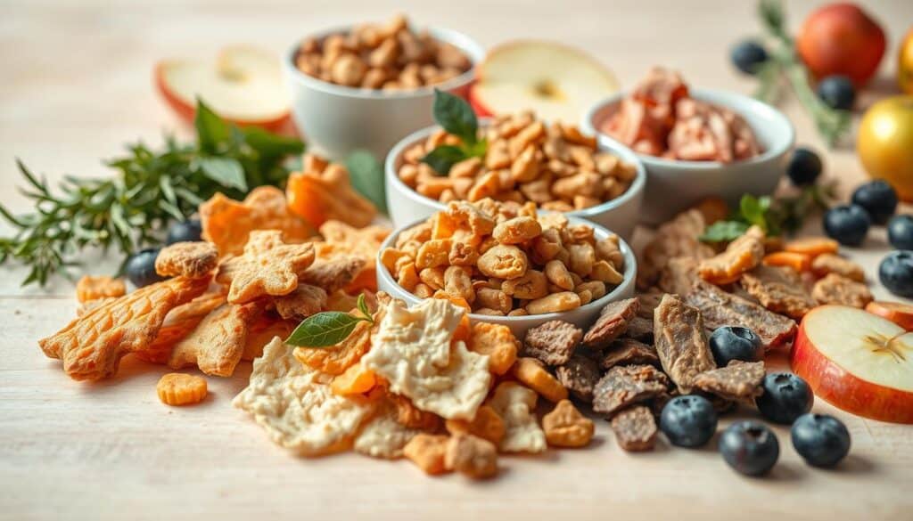 A closeup, well-lit still life photograph of various natural cat treat ingredients arranged on a clean, wooden surface. In the foreground, a selection of dried fish, chicken, and liver treats in a range of colors and textures. In the middle ground, bowls containing crunchy, bite-sized kibble and freeze-dried meat pieces. In the background, a scattering of fresh catnip leaves, mixed herbs, and a few whole fruits like apple slices and blueberries. The lighting is soft and diffused, highlighting the natural colors and textures of the ingredients. The composition is balanced and visually appealing, conveying a sense of wholesome, natural sustenance for cats.