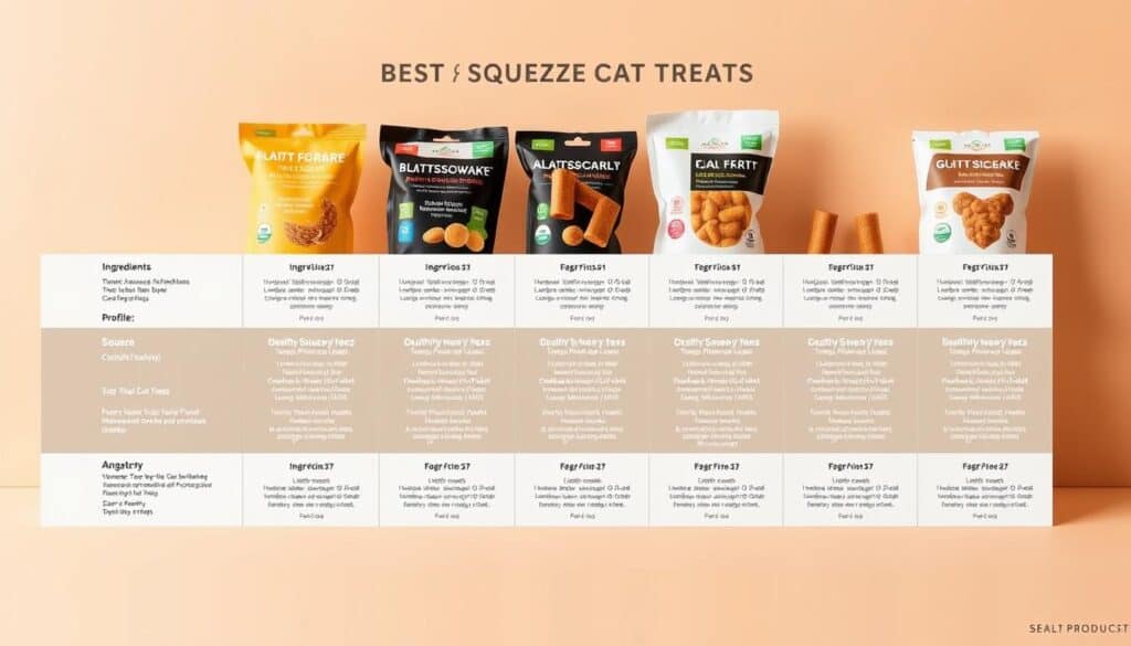 A comprehensive product comparison chart showcasing a variety of healthy squeeze cat treats. The chart is presented on a sleek, minimalist background, with a warm neutral color palette that evokes a sense of natural, wholesome goodness. The products are displayed in a clean, organized grid, each with its own detailed information such as ingredients, nutritional values, and flavor profiles. The lighting is soft and diffused, highlighting the textures and colors of the treats while maintaining a sense of elegance and refinement. The camera angle is slightly elevated, providing a clear, unobstructed view of the entire chart, allowing the viewer to easily compare and contrast the different options. The overall mood is one of informative professionalism, inviting the viewer to explore and discover the best healthy squeeze cat treats for their feline companion.