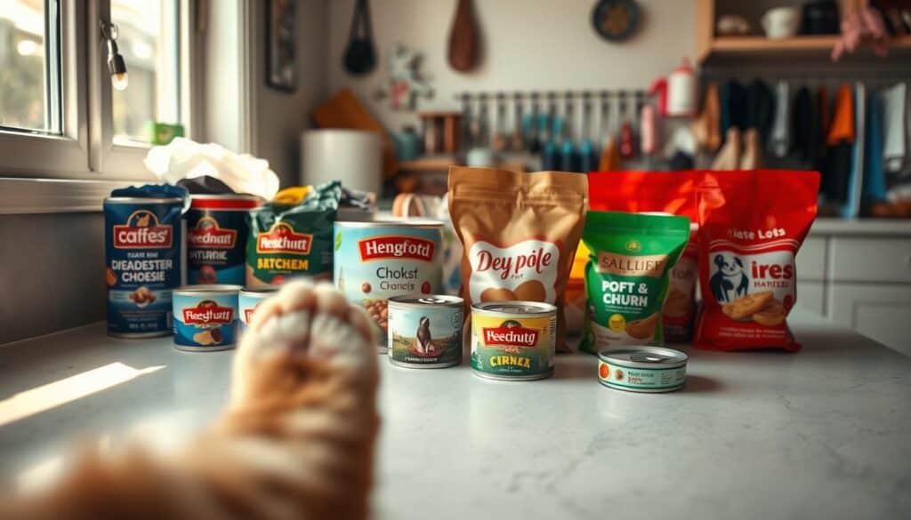 A cozy kitchen countertop with an array of different cat food cans, bags, and squeeze tubes, neatly arranged. Soft, natural lighting filters through a nearby window, casting a warm glow. In the foreground, a curious cat paw reaches out to inspect the various options. The middle ground showcases the different brand logos and packaging designs, highlighting the diversity of choices available. The background features a subtle, blurred scene of pet supplies and accessories, suggesting a well-stocked pet store or home pantry. The overall mood is one of exploration and decision-making, inviting the viewer to consider the process of transitioning between cat food brands.
