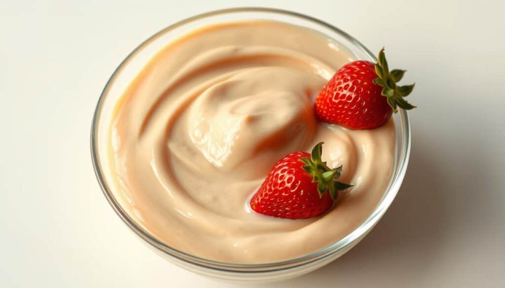 A creamy, glossy cat puree swirls in a glass bowl, its silky texture glistening under warm, golden lighting. Plump, ripe strawberries peek out from the velvety mixture, their vibrant red hues adding a pop of color. The bowl is set against a minimalist, light-colored background, allowing the puree to take center stage. The composition evokes a sense of indulgence and the satisfying experience of a luscious, squeezable treat for your feline companion.
