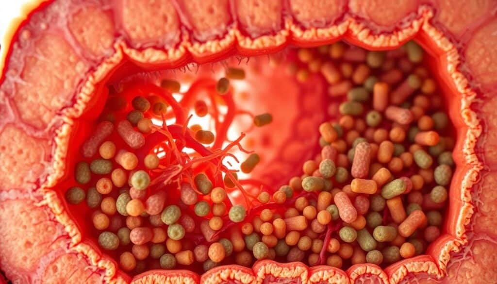 A detailed cross-section of a canine gut, showcasing the intricate microbiome ecosystem. In the foreground, a vibrant array of gut bacteria, each with its unique shape and color, thriving in a warm, moist environment. In the middle ground, the intestinal lining is visible, with its delicate villi and crypts. The background depicts the complex network of blood vessels and nerves, highlighting the gut's vital role in the overall health of the canine organism. The scene is illuminated by a soft, natural light, creating a sense of depth and dimension. Rendered with scientific accuracy and artistic flair, capturing the essence of canine gut microbiome science.