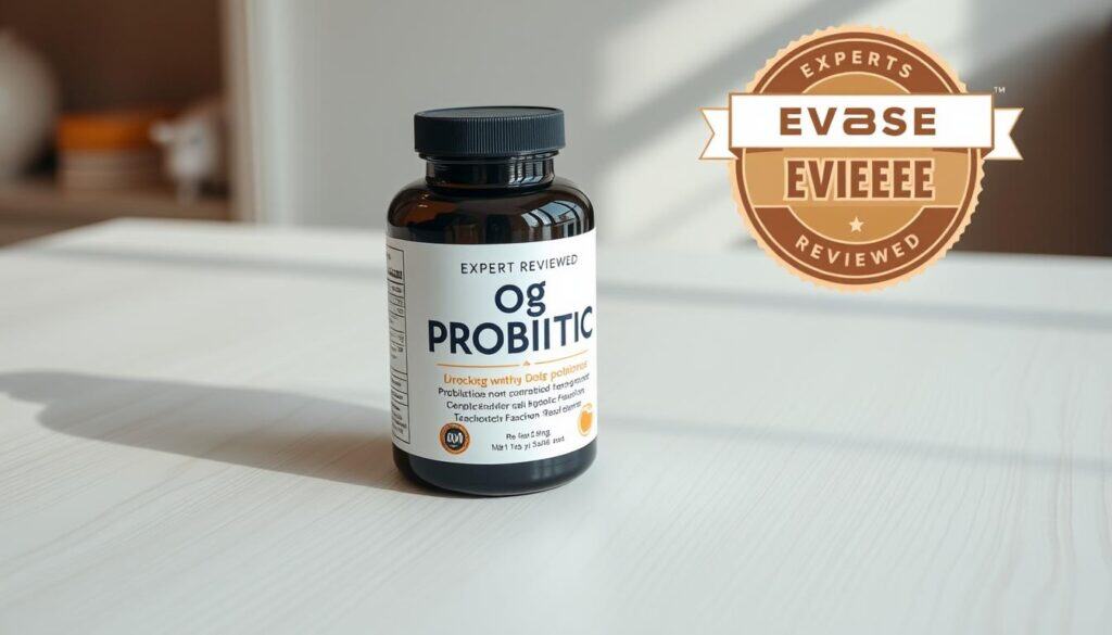 A high-quality, expert-reviewed dog probiotic supplement sitting on a clean, light-colored wooden surface. The product is displayed in an elegant, minimalist manner, with the probiotics neatly organized and visible. The lighting is soft and natural, creating a warm, inviting atmosphere. The camera angle is slightly elevated, providing a clear, detailed view of the product. The background is subtly blurred, keeping the focus on the probiotic supplement. The overall composition conveys a sense of professionalism, quality, and trustworthiness, reflecting the expertise of the reviewers.