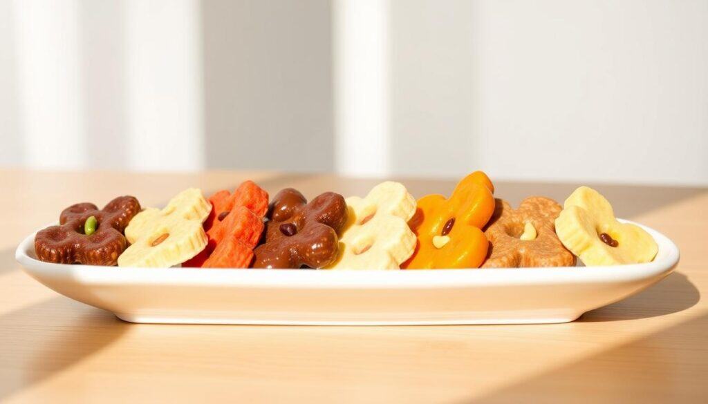 A plate of delectable cat treats, artfully arranged to showcase the transition from one flavor to the next. The treats are neatly lined up, their vibrant colors and textures catching the eye. Soft, natural lighting illuminates the scene, creating a warm and inviting atmosphere. The background is a serene, minimalist setting, allowing the treats to take center stage. The image conveys a sense of balance, highlighting the gradual shift in flavors and textures, guiding the viewer through the process of introducing new treats to their feline companion.