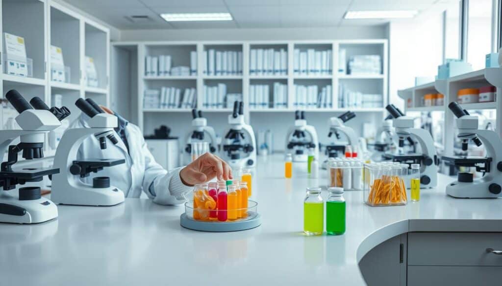 A pristine laboratory setting, with clinical white countertops and gleaming equipment. In the foreground, a scientist in a crisp lab coat carefully examines a petri dish, surrounded by vials and test tubes filled with colorful probiotic cultures. The mid-ground showcases an array of microscopes, each trained on samples, while the background features shelves brimming with reference materials and quality assurance guidelines. Soft, diffused lighting casts a professional, authoritative tone, as the scene conveys the meticulous care and attention to detail required in ensuring the integrity of probiotic products.
