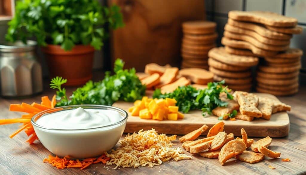 A rustic kitchen counter, bathed in warm, natural light, showcases an assortment of probiotic-rich ingredients for canine meals. In the foreground, a bowl of plain, unsweetened yogurt sits alongside grated carrots, chopped parsley, and a sprinkle of nutritional yeast. In the middle ground, a cutting board displays diced sweet potatoes and a scattering of dehydrated chicken or fish. The background features a stack of whole-grain dog biscuits and a healthy, robust plant, adding a touch of lush greenery to the scene. The overall composition conveys a sense of wholesome, homemade goodness, perfect for nourishing our four-legged companions.