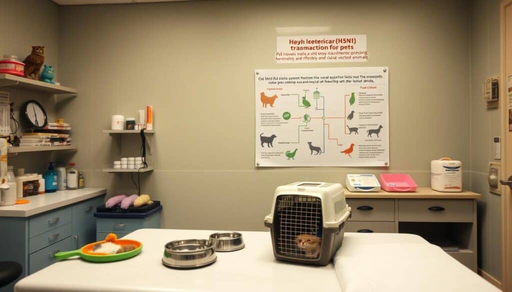 A veterinary clinic interior with an examination table in the foreground. On the table, various pet care items are displayed - pet toys, food bowls, medication bottles, and a cat carrier. In the middle ground, a poster on the wall depicts common bird flu (H5N1) transmission pathways and risk factors for pets, including contact with wild birds, contaminated surfaces, and close proximity to infected animals. The lighting is soft and warm, creating a calming and informative atmosphere. The camera angle is slightly elevated, giving an overview of the scene.