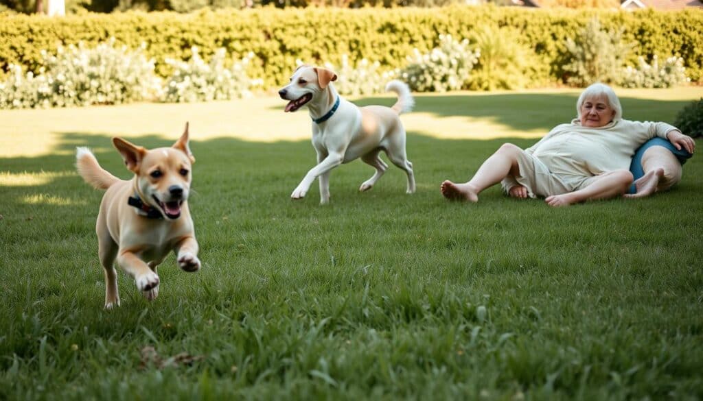 A vibrant and energetic scene showcasing the joint health benefits for dogs of all ages. In the foreground, a playful young pup bounds across a lush, verdant lawn, their joints flexible and strong. In the middle ground, a mature canine gracefully trots, their movements fluid and assured, the result of quality nutrition and gentle exercise. In the background, an elderly hound lounges contentedly, their limbs relaxed and comfortable, a testament to the lasting effects of proactive joint care. Natural daylight filters through, illuminating the scene with a warm, inviting glow. The composition captures the joy and vitality of dogs at every stage of life, their joint health supported by responsible pet ownership.