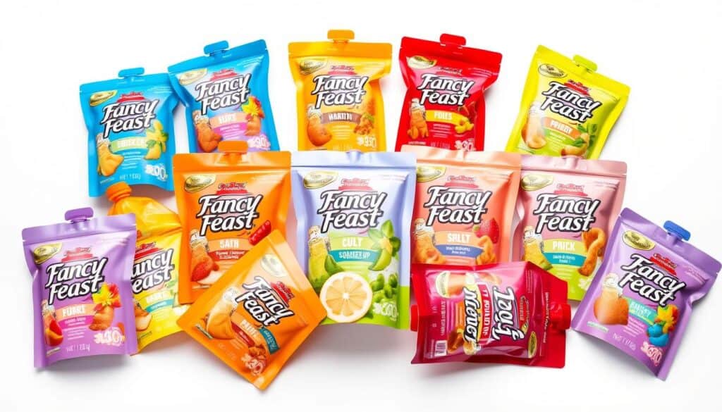 A vibrant assortment of Fancy Feast Squeeze Up pouches in a variety of flavors, artfully arranged on a pristine white background. The pouches are captured in a soft, diffuse lighting, highlighting their vibrant colors and glossy textures. The scene is photographed from a slightly elevated angle, creating a sense of depth and three-dimensionality. The arrangement is balanced and aesthetically pleasing, with the pouches carefully positioned to showcase their individual designs and appeal to the viewer's senses. The overall atmosphere is clean, modern, and inviting, perfectly complementing the premium nature of the Fancy Feast Squeeze Up treats. A vibrant assortment of Fancy Feast Squeeze Up pouches in a variety of flavors, artfully arranged on a pristine white background. The pouches are captured in a soft, diffuse lighting, highlighting their vibrant colors and glossy textures. The scene is photographed from a slightly elevated angle, creating a sense of depth and three-dimensionality. The arrangement is balanced and aesthetically pleasing, with the pouches carefully positioned to showcase their individual designs and appeal to the viewer's senses. The overall atmosphere is clean, modern, and inviting, perfectly complementing the premium nature of the Fancy Feast Squeeze Up treats.