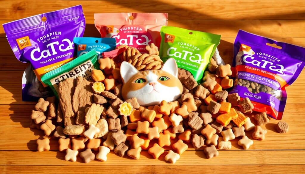 A vibrant assortment of cat treats, arranged in a visually appealing manner on a wooden surface. The treats come in a variety of flavors and shapes, including crunchy bites, soft chews, and bite-sized morsels. The lighting is warm and natural, creating a cozy, inviting atmosphere. The camera angle is slightly elevated, providing a dynamic and engaging perspective. The overall composition emphasizes the diversity and appeal of the treats, showcasing their textures, colors, and potential to satisfy a cat's cravings for both training and snacking.
