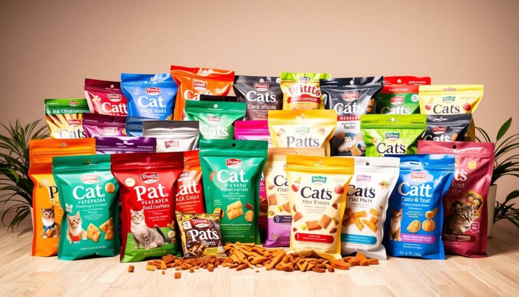 A vibrant display of various cat treat pouches and packets, showcasing an enticing array of flavors and textures. The foreground features an artfully arranged assortment of different-colored packages, each with eye-catching graphics and illustrations that hint at the delectable contents within. The middle ground includes a mix of wet and dry treat varieties, presented in a visually appealing layout that invites the viewer to explore the diversity of options. The background gently fades into a softly lit, neutral setting, allowing the products to take center stage. The overall scene exudes a sense of quality, indulgence, and the promise of feline satisfaction, capturing the essence of a "Variety Packs and Flavor Diversity for Every Cat". A vibrant display of various cat treat pouches and packets, showcasing an enticing array of flavors and textures. The foreground features an artfully arranged assortment of different-colored packages, each with eye-catching graphics and illustrations that hint at the delectable contents within. The middle ground includes a mix of wet and dry treat varieties, presented in a visually appealing layout that invites the viewer to explore the diversity of options. The background gently fades into a softly lit, neutral setting, allowing the products to take center stage. The overall scene exudes a sense of quality, indulgence, and the promise of feline satisfaction, capturing the essence of a "Variety Packs and Flavor Diversity for Every Cat".