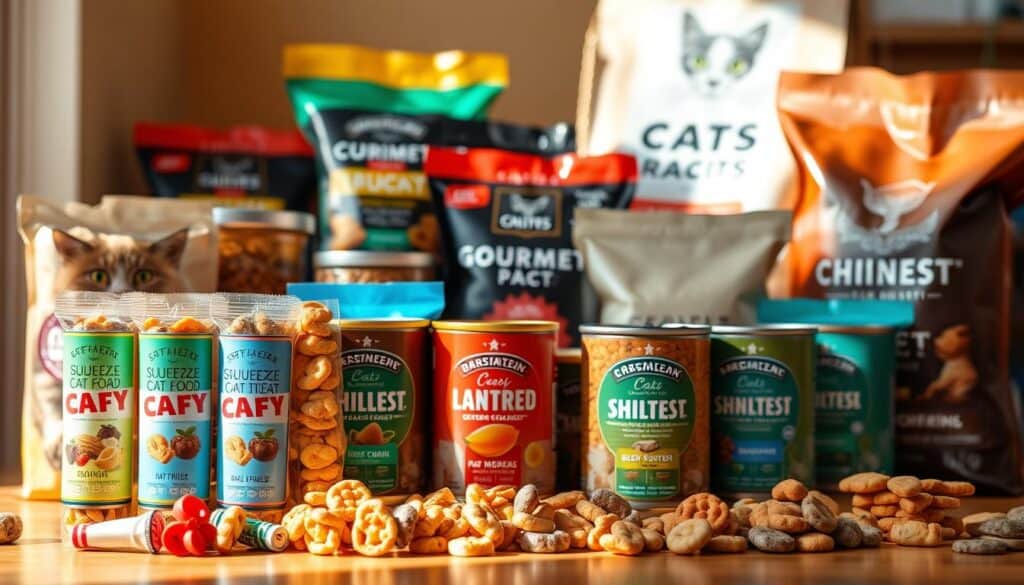 A vibrant, high-resolution photograph showcasing an assortment of versatile cat food products. In the foreground, an array of colorful squeeze tubes filled with savory cat treats, their labels prominently displayed. In the middle ground, cans and pouches of gourmet-style wet food, each offering a unique flavor and texture. The background features bags of premium dry cat food, their packaging designed with eye-catching graphics. Warm, natural lighting illuminates the scene, casting subtle shadows and highlighting the products' textures and details. The overall composition conveys a sense of quality, variety, and the ability to cater to a cat's diverse culinary preferences.