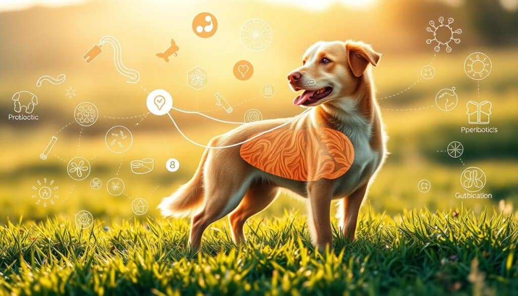 A vibrant illustration showcasing the synergistic relationship between gut health, probiotics, and prebiotics for dogs. In the foreground, a playful canine stands atop a lush, verdant meadow, its coat shimmering with a healthy glow. Surrounding the dog, an intricate network of gut microbiome elements - probiotic bacteria, prebiotic fibers, and nutrient-rich compounds - intertwine to form a harmonious ecosystem. In the middle ground, a cross-section of the dog's digestive system reveals the delicate balance of these beneficial elements, while the background features a softly blurred, sun-dappled landscape, creating a calming, holistic atmosphere. Warm, natural lighting illuminates the scene, emphasizing the importance of gut health synergy for a dog's overall wellbeing.