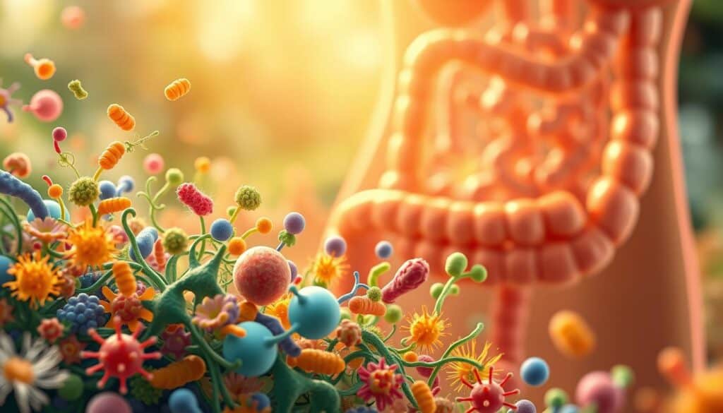 A vibrant, naturally-lit illustration showcasing the balanced gut microbiome. In the foreground, a diverse array of beneficial bacteria in various shapes and colors thrive, interacting harmoniously. The middle ground depicts the intestinal lining, with villi absorbing nutrients. In the background, a softly blurred representation of the gastrointestinal tract provides context. The color palette is warm and earthy, conveying a sense of health and equilibrium. The overall composition reflects the delicate balance and symbiotic relationship between the gut microbiome and the body, illuminating the science behind the benefits of probiotics.