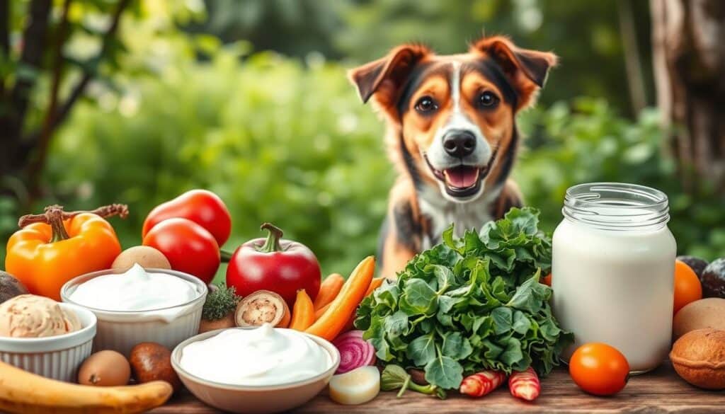 A vibrant, realistic image of natural probiotics for dogs in their daily diet. In the foreground, an array of probiotic-rich whole foods such as plain yogurt, kefir, fermented vegetables, and fresh greens. In the middle ground, a curious, happy-looking dog gazing intently at the spread of healthful ingredients. The background features a serene natural setting, with lush greenery, soft natural lighting, and a sense of calm. The composition should convey the idea of a balanced, wholesome, and nourishing diet for canine companions, focusing on the accessibility and appeal of natural probiotic sources.