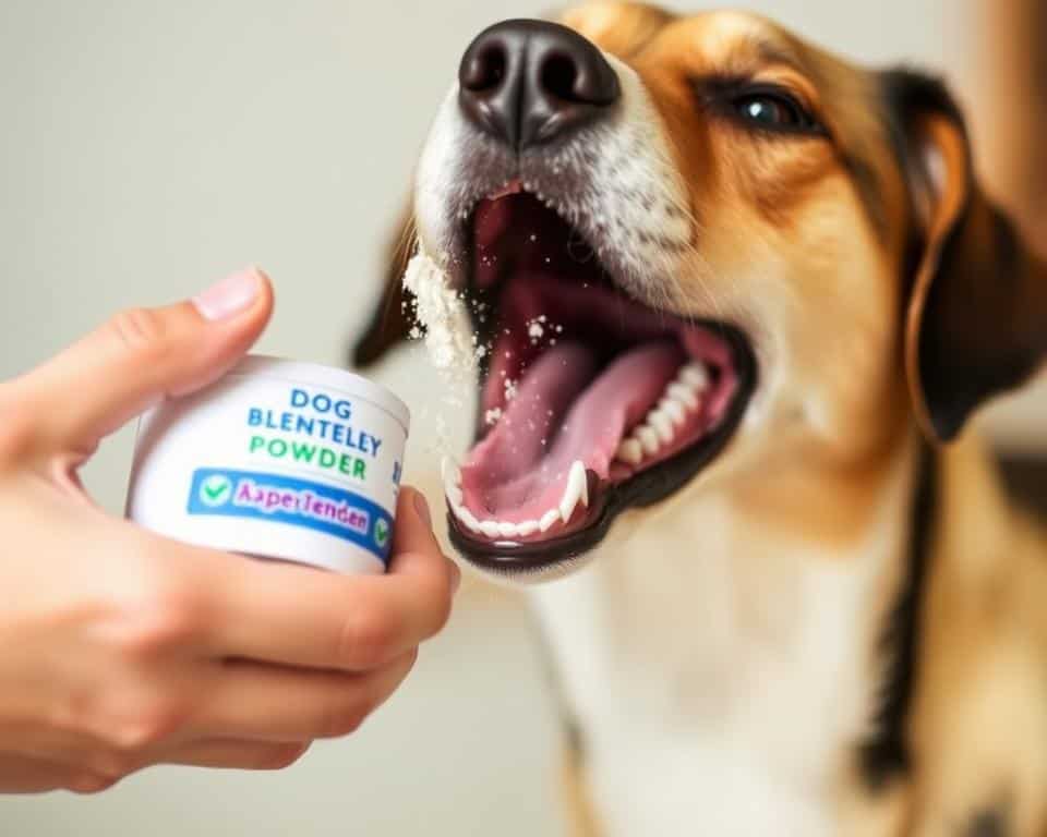 A well-lit, close-up photograph of a human's hand holding a container of dog dental powder, with the powder being sprinkled onto a dog's open mouth. The dog's teeth and gums are clearly visible, and the dog appears relaxed and cooperative. The background is blurred, keeping the focus on the foreground action. The lighting is soft and natural, creating a warm, informative atmosphere. The image conveys the proper technique for using dog dental powder to maintain the pet's oral hygiene.
