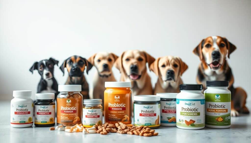 A well-lit, high-quality photograph featuring an arrangement of different probiotic supplements for dogs at various life stages. The foreground showcases an assortment of probiotic products, including capsules, powders, and chews, neatly arranged on a clean, neutral surface. The middle ground features a diverse selection of dog breeds, from puppies to senior dogs, each interacting with the probiotic products in a natural and engaging manner. The background is out of focus, creating a soft, blurred effect that draws the viewer's attention to the main subject. The lighting is soft and diffused, creating a warm, inviting atmosphere that highlights the vibrant colors and textures of the products and dogs. The overall composition is balanced and visually appealing, conveying the importance of tailoring probiotic supplements to a dog's specific life stage.