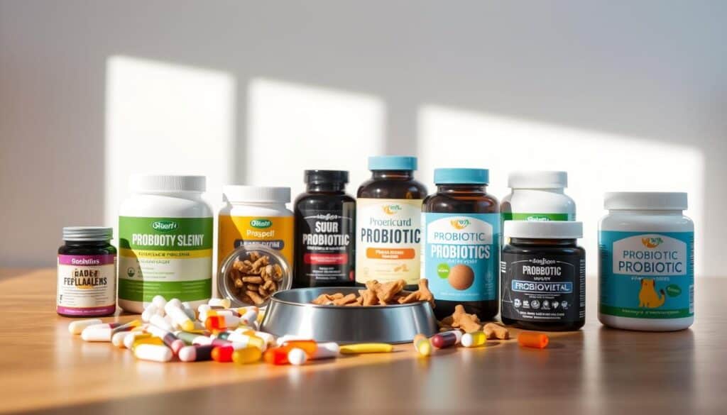 A well-lit, high-resolution image of an assortment of probiotic supplements for dogs, arranged neatly on a wooden surface. The foreground features various capsules, powders, and chews in different colors and sizes, showcasing the diversity of probiotic formulations. The middle ground includes a few dog food bowls or treats, hinting at the supplements' intended use. The background has a clean, minimalist backdrop, possibly a plain white wall or a natural wooden texture, to keep the focus on the probiotic products. The lighting is soft and natural, creating a warm, inviting atmosphere that emphasizes the health and wellness benefits of these supplements for canine companions.