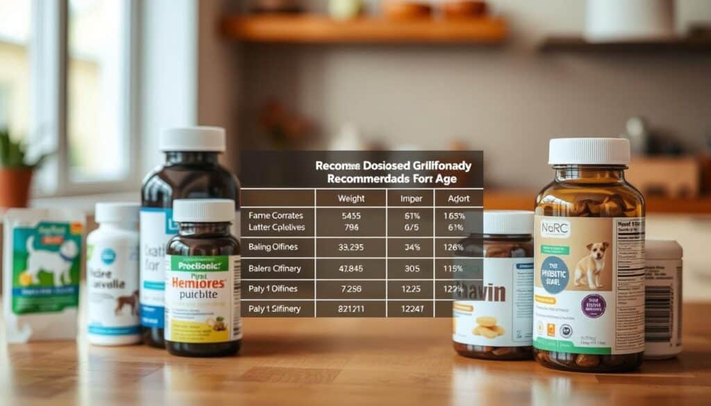 A well-lit, high-resolution photograph of a wooden table or countertop, with various dog probiotic supplement bottles and packages arranged neatly in the foreground. The bottles should be positioned at different angles, showcasing their labels and information. In the middle ground, there should be a clear, easy-to-read chart or infographic displaying the recommended dosage guidelines for dogs based on their weight or age. The background should have a soft, blurred effect, creating a sense of focus on the probiotic products and the informative chart. The overall scene should convey a sense of professionalism, expertise, and attention to detail, suitable for an informative article on dog probiotics.