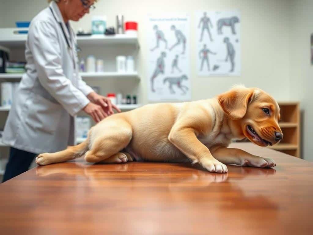 A well-lit veterinary examination room, with a polished wooden table in the foreground. On the table, a golden retriever puppy lying patiently, its paws gently outstretched as a veterinarian in a white coat meticulously checks its joint flexibility and range of motion. In the middle ground, shelves filled with medical supplies and anatomical diagrams provide context. The background depicts a softly-lit, soothing environment, creating a sense of professionalism and care. The image conveys the importance of early joint health assessment for puppies, with a focus on the veterinary process and the puppy's calm, cooperative demeanor.