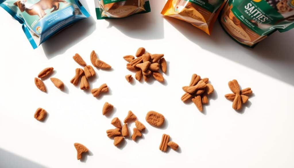 Detailed close-up photographs of various cat treat packages and containers, arranged in a visually appealing composition on a white background. Warm, natural lighting from the side creates subtle shadows and highlights the textures of the packaging. The camera is positioned at eye level, providing a clean, uncluttered view of the products. The layout is balanced and symmetrical, with the different treats neatly organized to showcase their variety and quality. The overall mood is professional, inviting, and emphasizes the high-quality nature of the cat treats being reviewed.