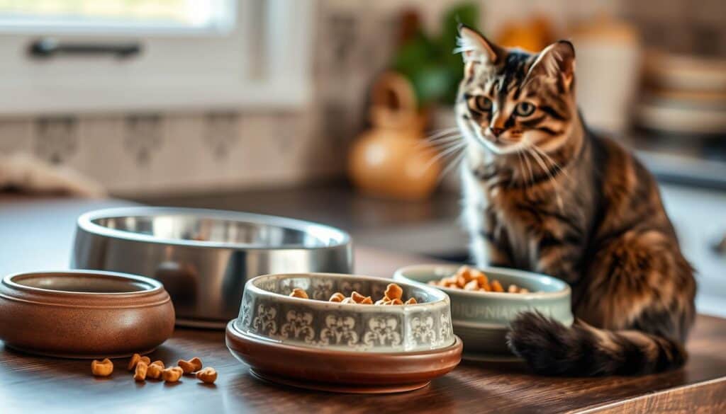 Detailed scene of a kitchen counter with a cat food bowl, water dish, and cat treats. Soft natural lighting from a window, slight blur in the background. Ceramic or stoneware bowls in earthy tones, with a small pile of crunchy cat treats next to the food bowl. The cat is sitting next to the setup, alert and attentive. Composition is balanced and visually appealing, conveying a sense of a healthy, harmonious mealtime routine for a beloved feline companion.