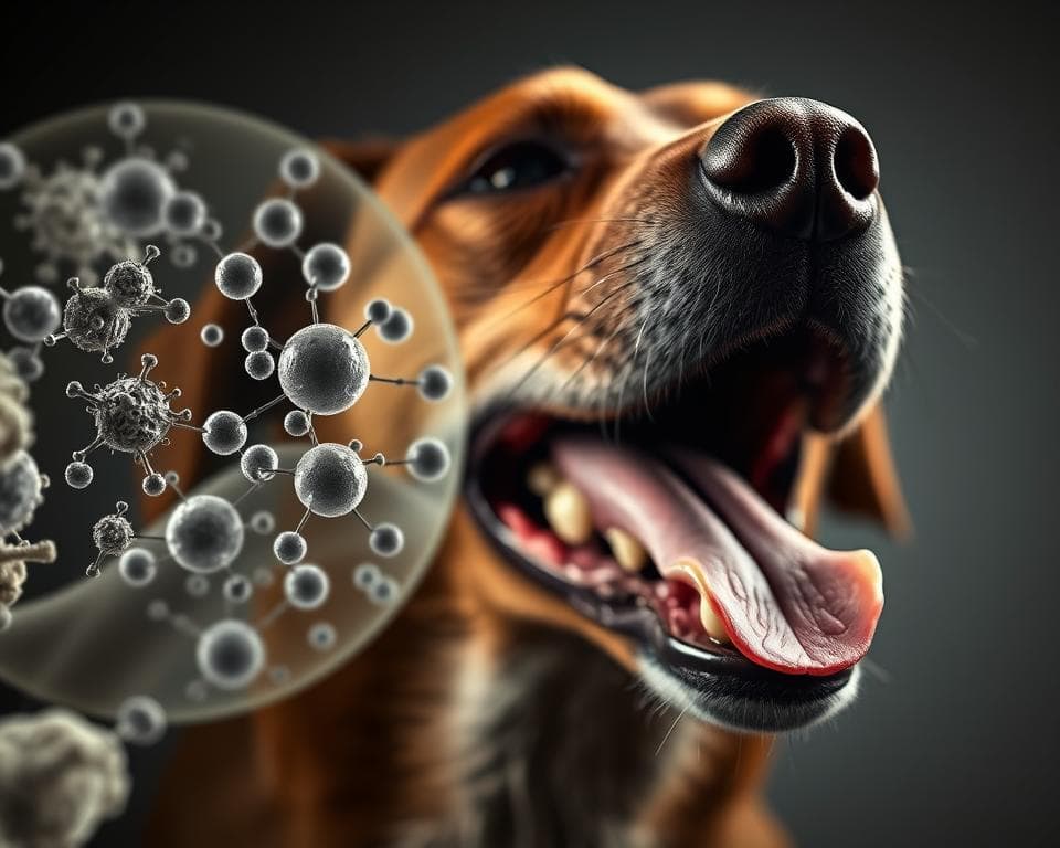 Highly detailed, realistic scientific illustration of volatile sulfur compounds in dog breath. Foreground shows microscopic view of bacteria and molecules causing halitosis, with a focus on hydrogen sulfide, dimethyl sulfide, and methyl mercaptan. Middle ground depicts cross-section of dog oral cavity, highlighting tongue, teeth, and gums. Background features subtle, muted colors representing the overall chemistry and biology of the dog's mouth. Rendered in a high-resolution, photorealistic style with accurate anatomical and chemical details. Dramatic, moody lighting casts deep shadows to convey the technical subject matter. Captured with a macro lens at a slightly low angle to draw the viewer into the scene.