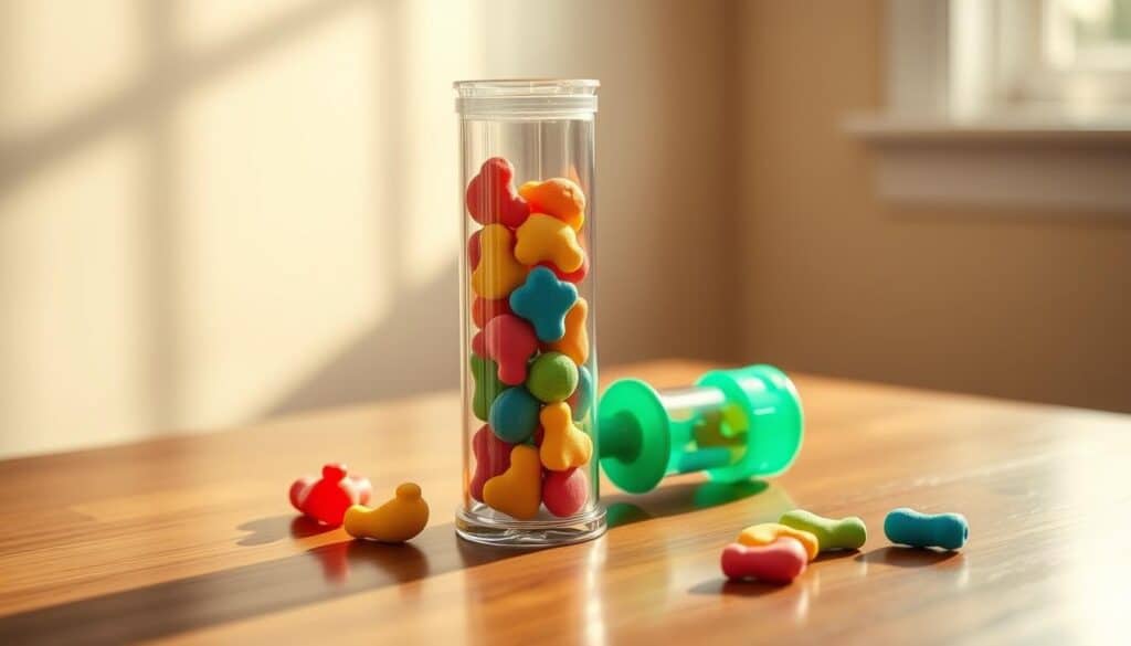 Imagine a delightful interactive pet treat tube, standing tall and alluring on a polished wooden surface. The tube is crafted from transparent acrylic, allowing a tantalizing view of the treats inside. Vibrant, colorful squish-style pet treats fill the tube, their shapes and textures beckoning to be squeezed and played with. Warm, natural lighting bathes the scene, casting a cozy glow and accentuating the vivid hues of the treats. The tube is designed with interactive elements, such as movable parts or treat dispensers, inviting the pet to engage and explore. The overall composition radiates a sense of playfulness and delight, capturing the "Delectable Squeeze Ups" experience.