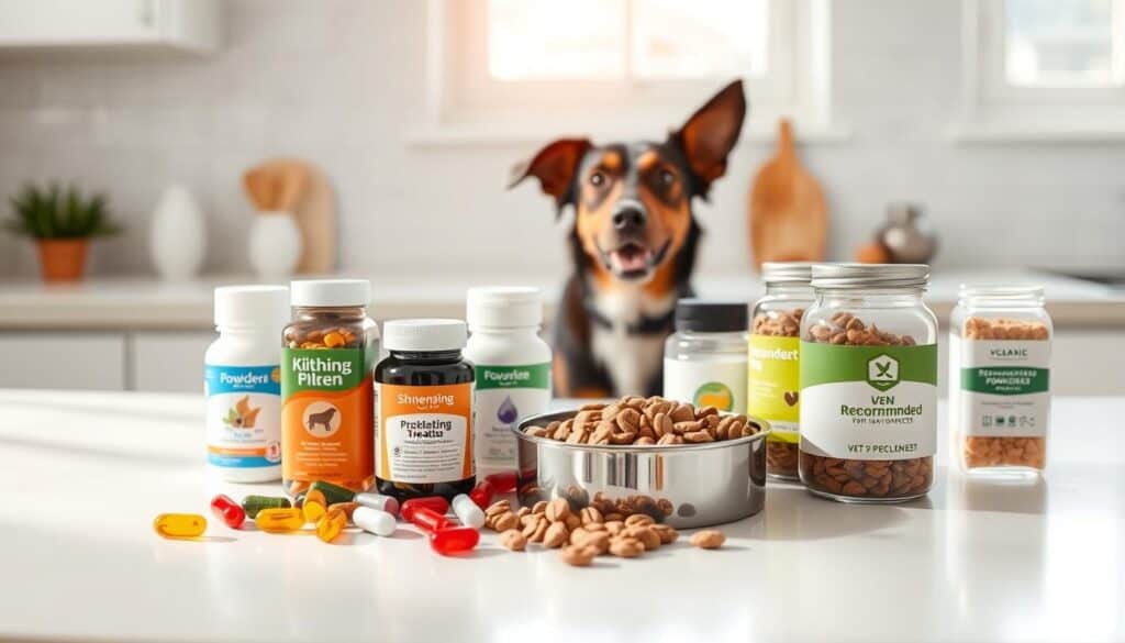 A bright, airy kitchen counter with a variety of vet-recommended dog supplements arranged neatly. In the foreground, an assortment of colorful pill bottles, chewable treats, and powdered supplements in glass jars. In the middle ground, a dog bowl filled with high-quality kibble. The background features a clean, minimal backdrop, with natural light streaming in through a window, casting a warm glow over the scene. The overall mood is one of wellness, trust, and expertise, conveying the message of carefully selected, veterinarian-approved products for a dog's optimal health.