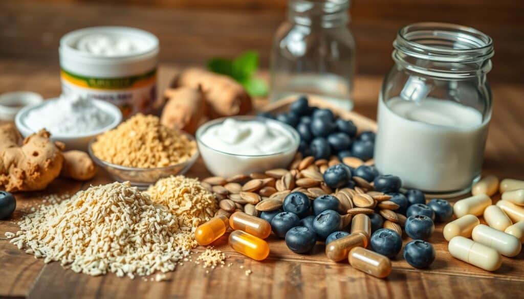 A close-up, high-resolution image of various natural probiotic ingredients for dogs, arranged artfully on a wooden surface. In the foreground, a selection of digestive-supporting supplements such as dried yeast, powdered ginger, and prebiotic fiber. The middle ground features whole foods like blueberries, pumpkin seeds, and plain yogurt. In the background, a scattering of probiotic capsules and a glass jar filled with a probiotic liquid supplement. The lighting is soft and natural, creating a warm, earthy tone. The image conveys a sense of nutritional wholeness and the key components of a quality dog probiotic formula.