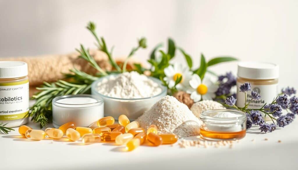 A close-up still life of various probiotic ingredients for skin health, arranged on a clean, white surface. In the foreground, a selection of probiotics capsules, powders, and gels, including lactobacillus, bifidobacterium, and saccharomyces. In the middle ground, fresh herbs like rosemary, lavender, and chamomile, complementing the probiotics. The background features a subtle, soft-focus gradient, creating a serene, spa-like atmosphere. Warm, natural lighting gently illuminates the scene, highlighting the textures and colors of the ingredients. The overall composition conveys a sense of wellness, purity, and the holistic approach to skin health.
