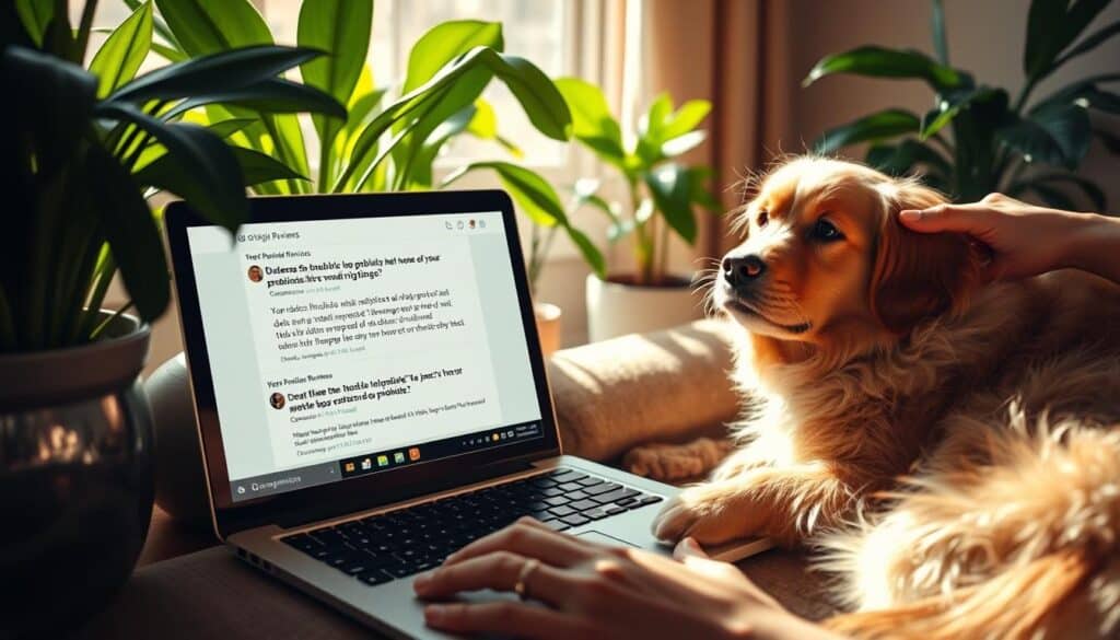 A cozy corner of a customer's living room, featuring an open laptop showcasing positive reviews for dog probiotics. Sunlight streams through the window, casting a warm glow on the scene. Framed by lush houseplants, the laptop screen displays heartfelt testimonials from dog owners praising the effectiveness and benefits of the probiotics. A well-loved, fluffy canine companion rests nearby, radiating contentment. The background subtly suggests a sense of trust and care, with the dog's owner's hand gently petting their loyal friend. The overall impression is one of genuine customer satisfaction and a vet-approved, natural solution for improving a dog's digestive health.