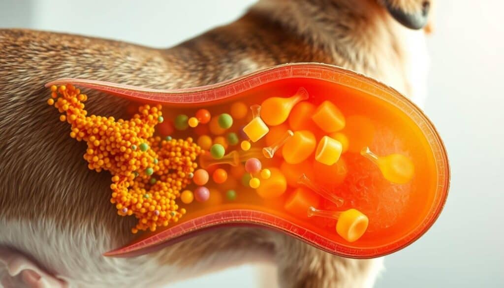 A cross-section of a dog's skin reveals the intricate gut-skin connection. In the foreground, abundant gut microbiome flourishes, interacting with the epidermis through the dermal layer. Vibrant, healthy skin cells thrive amidst this symbiotic relationship, their appearance enhanced by soft, natural lighting from an overhead source. The background features a subtle, blurred gradient that emphasizes the central focus on the gut-skin interface. The overall composition conveys the importance of maintaining a balanced gut microbiome to support optimal canine skin health and appearance.