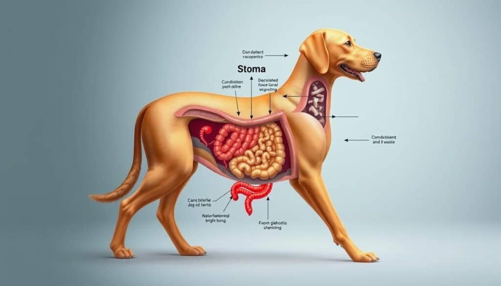 A detailed anatomical illustration showcasing the canine digestive system, highlighting its key components and their functions. The foreground features a cross-section of the stomach, intestines, and other organs, meticulously rendered in vibrant colors and realistic textures. The middle ground depicts the intricate network of digestive processes, with arrows and labels elucidating the flow of nutrients and waste. The background sets the scene with a serene, minimalist backdrop, allowing the anatomical details to take center stage. The lighting is soft and even, creating a sense of depth and dimensionality. The overall composition conveys a sense of educational clarity and scientific precision, perfectly suited to illustrate the comprehensive benefits of dog probiotics.
