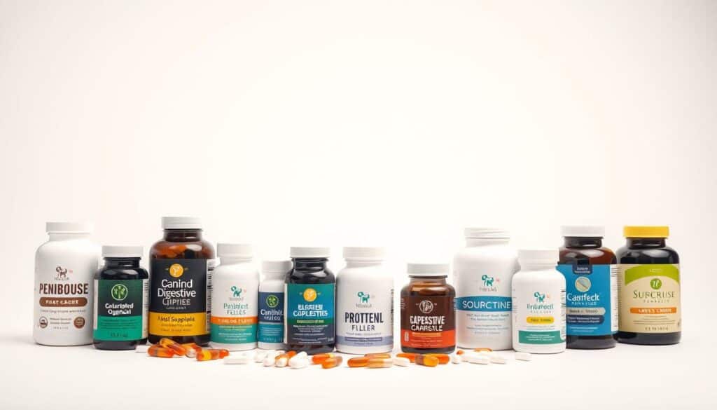 A high-quality, well-lit studio photography image showcasing an assortment of various canine digestive supplements. The supplements should be arranged in the foreground on a clean, neutral background, with a soft, even lighting that highlights the textures and colors of the products. The middle ground should feature a selection of different sized bottles, tablets, and capsules, presented in an organized and visually appealing manner. The background should be simple and uncluttered, allowing the supplements to be the focal point of the image. The overall mood should be one of professionalism, quality, and attention to detail, reflecting the importance of choosing the right probiotic for a dog's gut health.