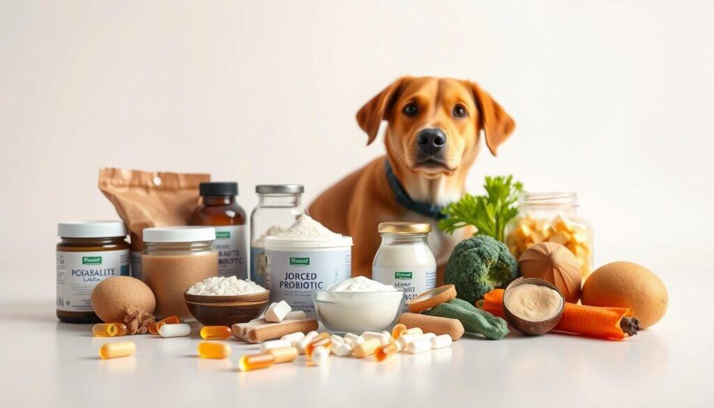 A sleek, well-lit studio shot of various dog probiotic ingredients arranged in the foreground, including capsules, powders, and natural probiotic sources like yogurt, kefir, and fermented vegetables. The middle ground features a clean, minimalist backdrop, possibly a plain white surface or soft-focus natural setting, allowing the key ingredients to take center stage. The lighting is warm and evenly distributed, creating a professional, high-quality impression. The camera angle is slightly elevated, providing a clear, unobstructed view of the arrangement. The overall mood is one of health, purity, and natural wellness, reflecting the article's focus on natural relief for pets.