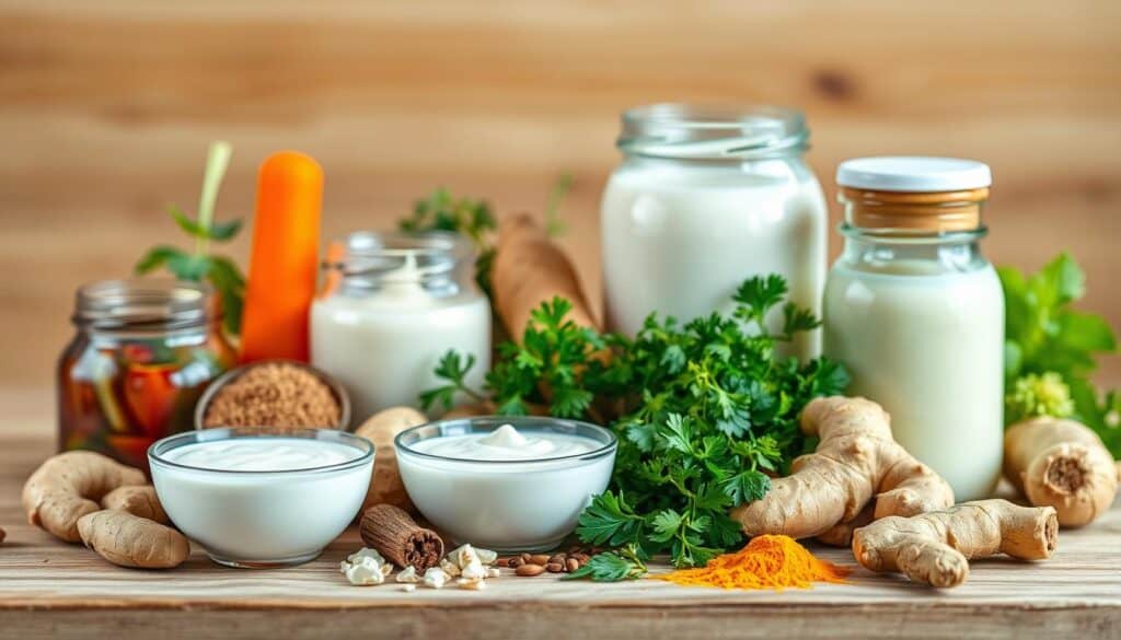 A still life arrangement showcasing an assortment of probiotic ingredients for dogs, captured in a warm, natural light. In the foreground, a selection of whole, raw ingredients such as yogurt, kefir, and fermented vegetables are neatly arranged on a wooden surface. In the middle ground, complementary herbs and spices like parsley, ginger, and turmeric add pops of color and texture. The background is softly blurred, hinting at a clean, minimalist environment that allows the vibrant, healthy ingredients to take center stage. The composition is balanced, with a sense of harmony and attention to detail, effectively conveying the importance of probiotics for canine gut health.