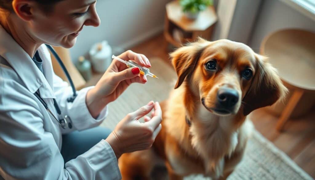 A veterinarian carefully administering dog probiotics, with a calm and caring expression. The dog is sitting obediently, their fur soft and shiny. The scene is well-lit, perhaps from a window, with a warm, natural light. The background is a cozy home setting, with wooden furnishings and simple decor, creating a relaxed atmosphere. The angle is slightly elevated, giving a bird's-eye view of the interaction, emphasizing the attentive care and attention to detail. The focus is on the veterinarian's skilled hand and the dog's trusting gaze, conveying the importance of proper probiotic administration for a dog's healthy skin and gut.
