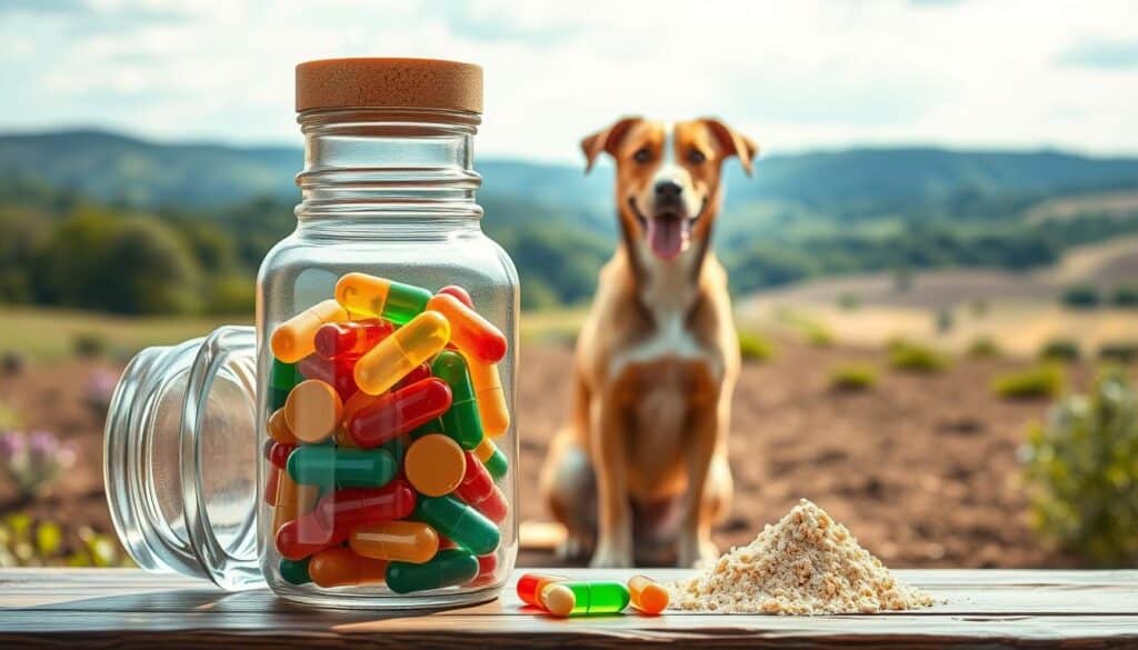 A vibrant and soothing scene showcasing probiotics for dogs' immune health. In the foreground, a glass jar filled with colorful probiotic capsules and powders, reflecting a soft, natural light. In the middle ground, a friendly dog sits attentively, its coat shiny and eyes alert, as if eager to receive the supplement. The background features a serene, earthy landscape with lush greenery and a calming blue sky, conveying a sense of wholesome well-being. The overall atmosphere is one of transparency, trust, and the harmonious balance between canine and natural health.