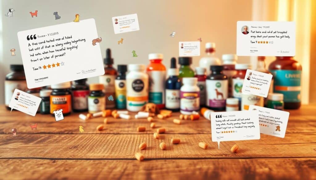 A vibrant collage showcasing customer reviews for pet supplements, presented on a natural wood surface. In the foreground, various handwritten notes and star ratings float amidst a smattering of colorful illustrations of pets. The middle ground features a diverse array of supplement bottles and packaging, with clean, minimal labeling. The background is bathed in a warm, diffused light, creating a cozy, inviting atmosphere that evokes a sense of trust and authenticity. The scene conveys the real-world experiences and trusted recommendations of pet owners, seamlessly integrating the product details into a visually compelling and relatable display.