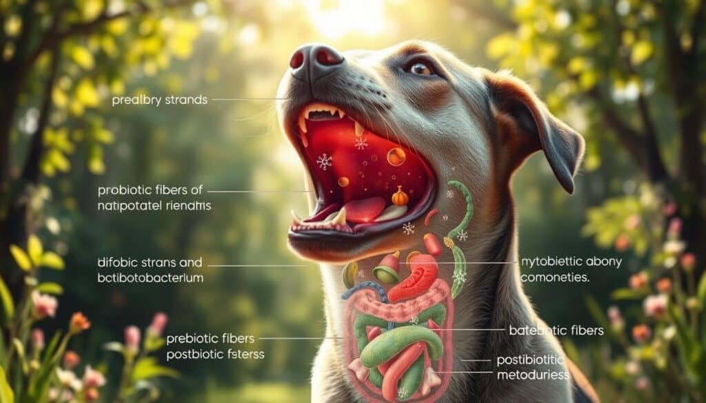 A vibrant, hyper-realistic illustration of a synergistic gut health ecosystem for dogs. In the foreground, a dog's open mouth reveals a healthy, diverse gut microbiome, with probiotic strains of Lactobacillus and Bifidobacterium thriving amidst prebiotic fibers and postbiotic metabolites. The middle ground depicts the dog's digestive tract, with translucent layers showcasing the intricate interplay between different microbial communities. In the background, a lush, verdant landscape represents the ideal environment for maintaining optimal canine gut health, complete with sun-dappled lighting and a soothing, serene atmosphere.