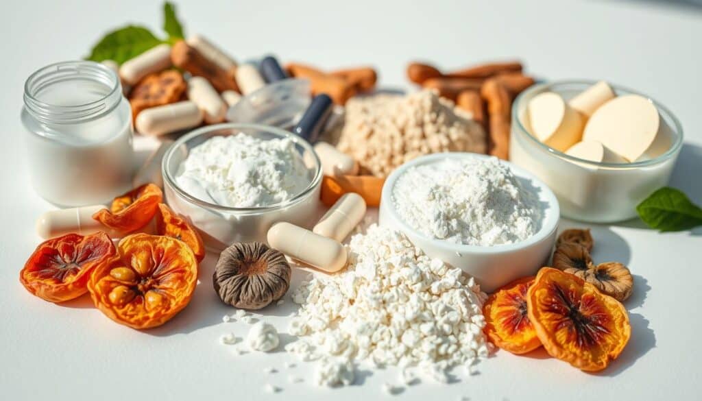 A vibrant, macro-style close-up photograph of various high-quality probiotic ingredients for dogs, including capsules, powders, and natural sources such as yogurt, kefir, and dried fruits. The lighting is bright and natural, casting soft shadows that accentuate the textures and colors of the ingredients. The camera angle is slightly elevated, providing a detailed, almost clinical perspective that showcases the purity and potency of the probiotics. The background is clean and minimalist, allowing the probiotic items to take center stage and convey a sense of health, wellness, and natural goodness for dogs prone to paw licking.